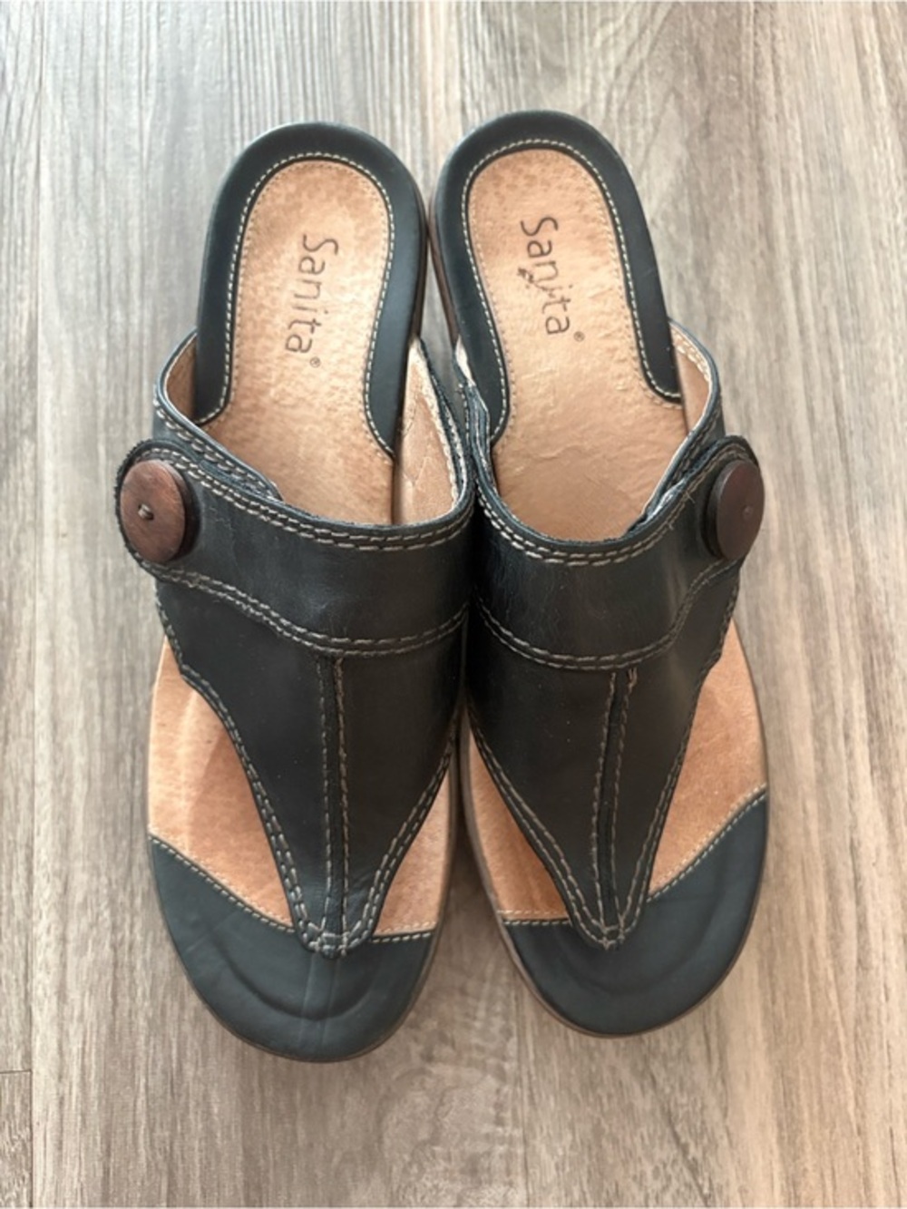Sanita Black Leather Comfort Wedge Sandals EU 40 Boho Scandinavian 9/9.5